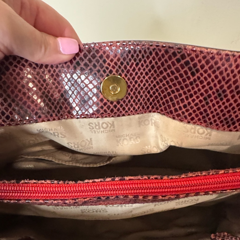 Michael Kors Large Red & Black Python Embossed Leather Satchel - Gold HW - Picture 12 of 16